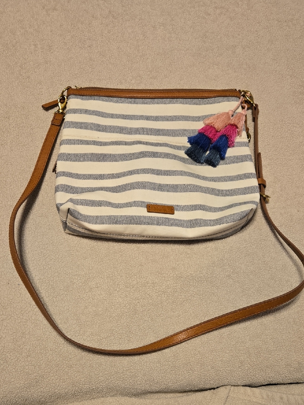Fossil Blue & White Striped Canvas Crossbody with Tassel